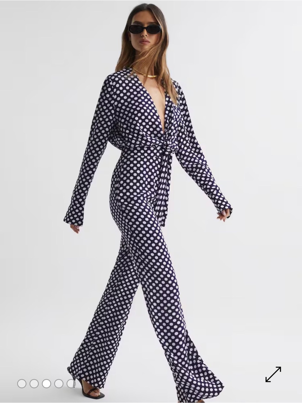 Reiss Navy and White Polka Dot Tie-Front Jumpsuit